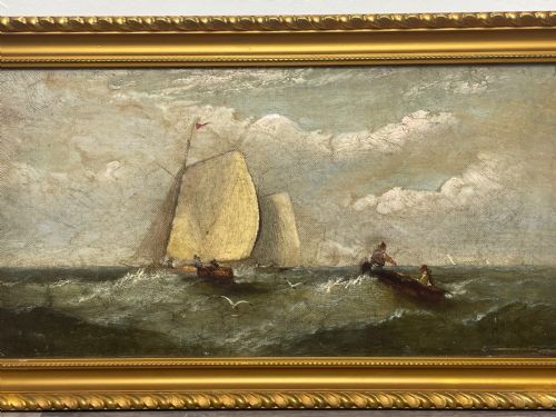 19TH CENTURY OIL PAINTING FISHING BOATS IN SWELL BY HARRY J WILLIAMS - ADDITIONAL PHOTO 1