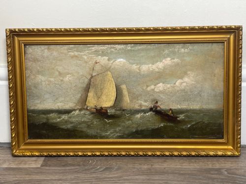 19TH CENTURY OIL PAINTING FISHING BOATS IN SWELL BY HARRY J WILLIAMS - ADDITIONAL PHOTO 2