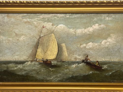 19TH CENTURY OIL PAINTING FISHING BOATS IN SWELL BY HARRY J WILLIAMS - ADDITIONAL PHOTO 3