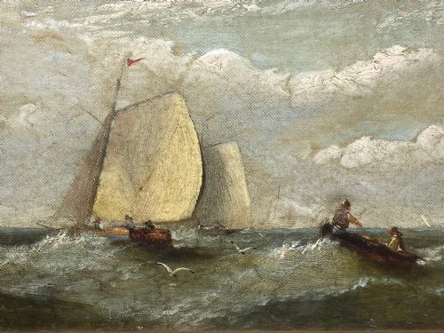 19TH CENTURY OIL PAINTING FISHING BOATS IN SWELL BY HARRY J WILLIAMS - ADDITIONAL PHOTO 4