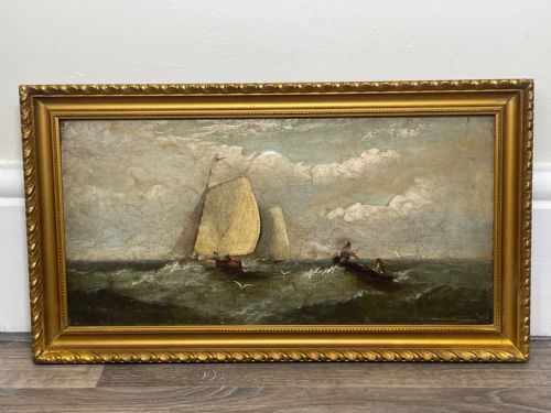 19TH CENTURY OIL PAINTING FISHING BOATS IN SWELL BY HARRY J WILLIAMS - ADDITIONAL PHOTO 5