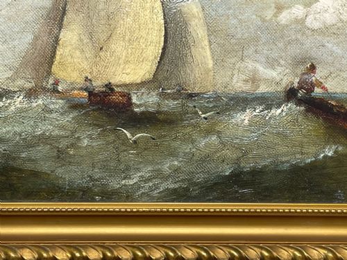 19TH CENTURY OIL PAINTING FISHING BOATS IN SWELL BY HARRY J WILLIAMS - ADDITIONAL PHOTO 7