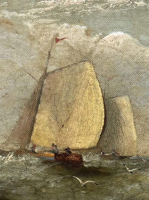 19TH CENTURY OIL PAINTING FISHING BOATS IN SWELL BY HARRY J WILLIAMS - ADDITIONAL PHOTO 10