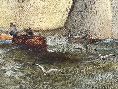 19TH CENTURY OIL PAINTING FISHING BOATS IN SWELL BY HARRY J WILLIAMS - ADDITIONAL PHOTO 14