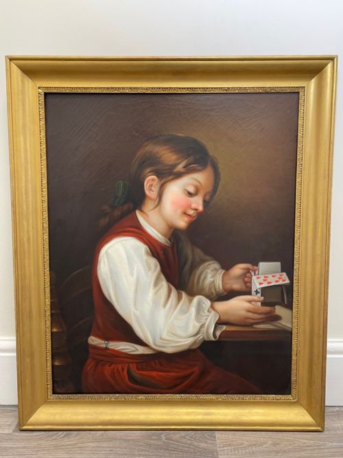 BRITISH VICTORIAN OIL PAINTING GIRL PLAYING HOUSE OF CARDS - ADDITIONAL PHOTO 1