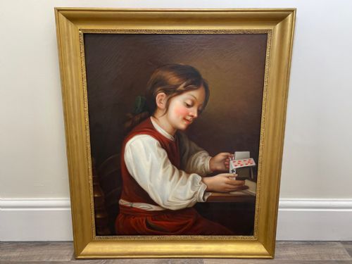 BRITISH VICTORIAN OIL PAINTING GIRL PLAYING HOUSE OF CARDS - ADDITIONAL PHOTO 2