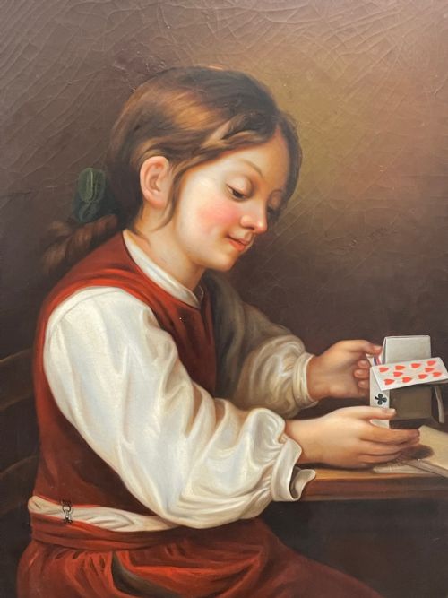 BRITISH VICTORIAN OIL PAINTING GIRL PLAYING HOUSE OF CARDS - ADDITIONAL PHOTO 3