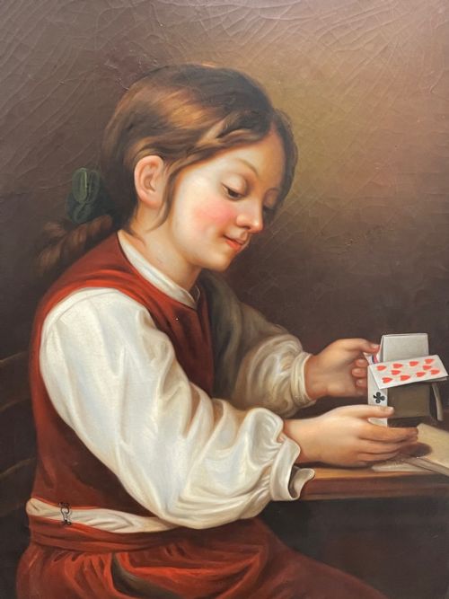BRITISH VICTORIAN OIL PAINTING GIRL PLAYING HOUSE OF CARDS - ADDITIONAL PHOTO 4