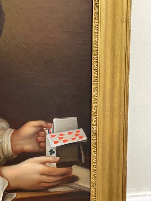 BRITISH VICTORIAN OIL PAINTING GIRL PLAYING HOUSE OF CARDS - ADDITIONAL PHOTO 6