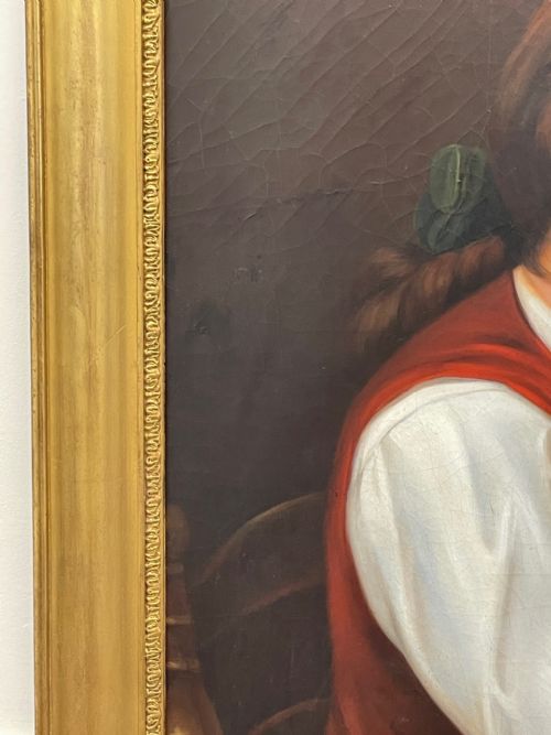 BRITISH VICTORIAN OIL PAINTING GIRL PLAYING HOUSE OF CARDS - ADDITIONAL PHOTO 7