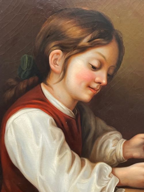 BRITISH VICTORIAN OIL PAINTING GIRL PLAYING HOUSE OF CARDS - ADDITIONAL PHOTO 9