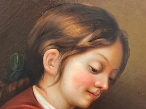 BRITISH VICTORIAN OIL PAINTING GIRL PLAYING HOUSE OF CARDS - ADDITIONAL PHOTO 10