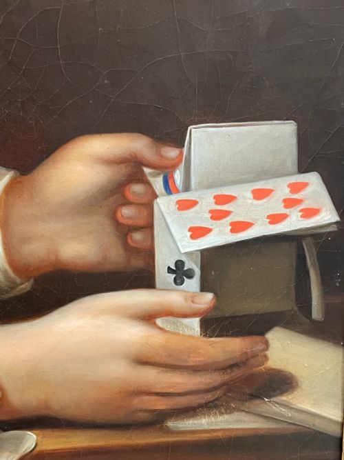 BRITISH VICTORIAN OIL PAINTING GIRL PLAYING HOUSE OF CARDS - ADDITIONAL PHOTO 11
