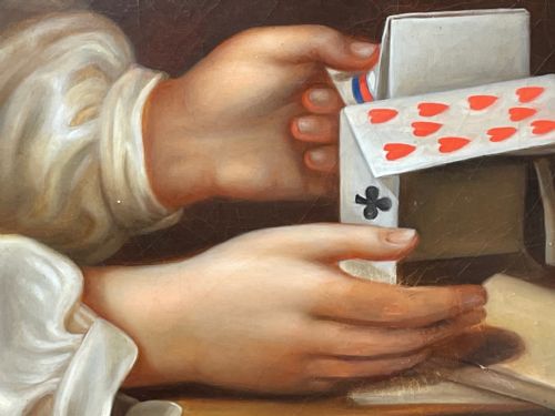 BRITISH VICTORIAN OIL PAINTING GIRL PLAYING HOUSE OF CARDS - ADDITIONAL PHOTO 14