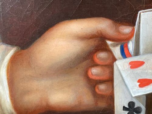 BRITISH VICTORIAN OIL PAINTING GIRL PLAYING HOUSE OF CARDS - ADDITIONAL PHOTO 16