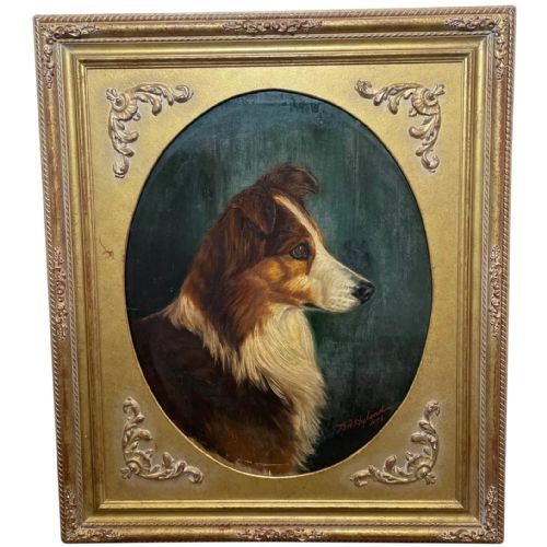 19th century victorian oil painting scottish rough collie dog portrait - CATEGORY: ANTIQUE ART - DATED VICTORIAN