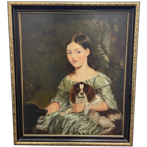 Oil Painting Portrait Girl with 2 Cavalier King Charles Spaniel Dogs