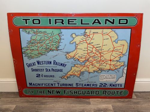 fig 1. Enamel Sign Great Western Railway To Ireland Fishguard Route