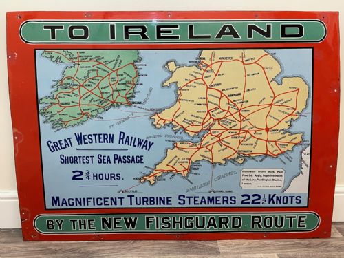 fig 4. Enamel Sign Great Western Railway To Ireland Fishguard Route
