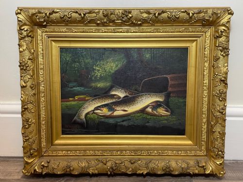 SCOTTISH OIL PAINTING BURN TROUT FISH CAUGHT BY JAMES RUSSELL - ADDITIONAL PHOTO 1