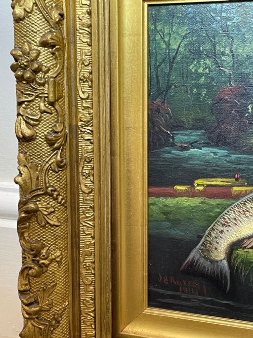 SCOTTISH OIL PAINTING BURN TROUT FISH CAUGHT BY JAMES RUSSELL - ADDITIONAL PHOTO 5