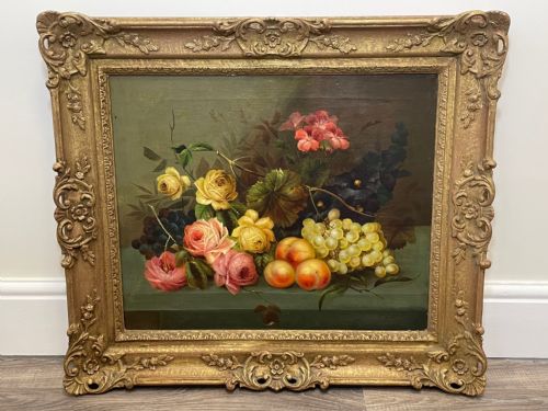 VICTORIAN OIL PAINTING PINK YELLOW BLACK ROSES PEACHES GRAPES - ADDITIONAL PHOTO 1