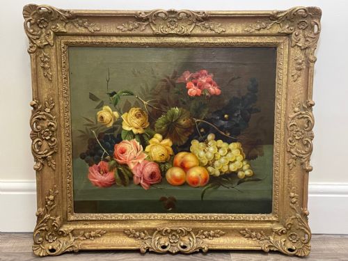 VICTORIAN OIL PAINTING PINK YELLOW BLACK ROSES PEACHES GRAPES - ADDITIONAL PHOTO 3