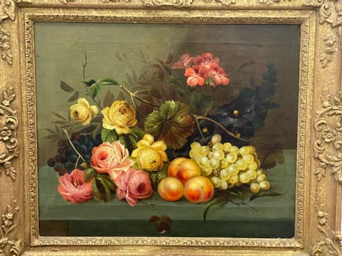 VICTORIAN OIL PAINTING PINK YELLOW BLACK ROSES PEACHES GRAPES - ADDITIONAL PHOTO 4