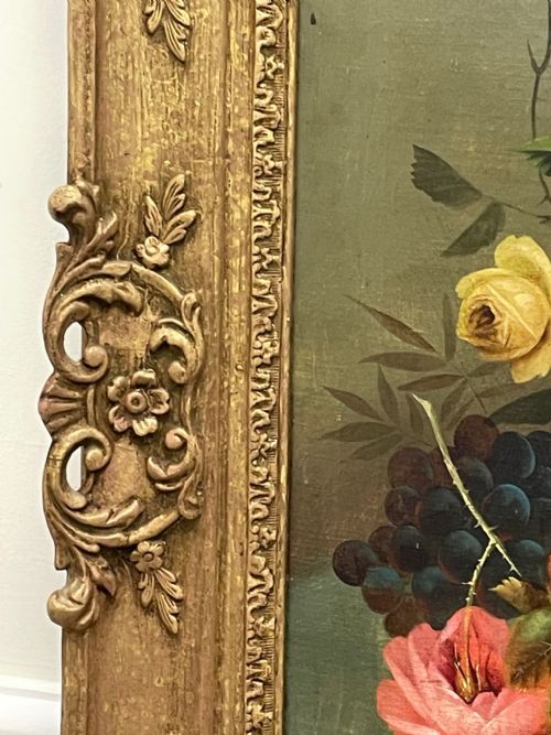 VICTORIAN OIL PAINTING PINK YELLOW BLACK ROSES PEACHES GRAPES - ADDITIONAL PHOTO 5