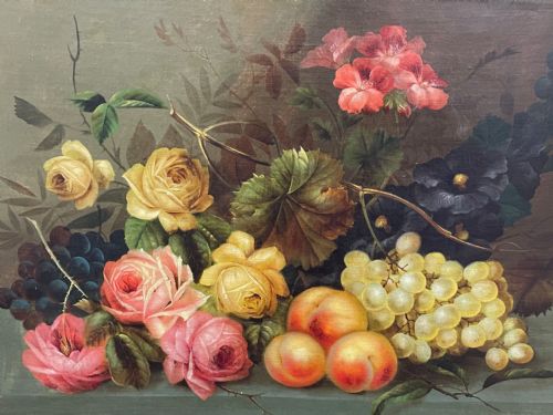 VICTORIAN OIL PAINTING PINK YELLOW BLACK ROSES PEACHES GRAPES - ADDITIONAL PHOTO 8