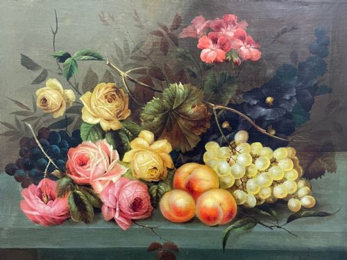 VICTORIAN OIL PAINTING PINK YELLOW BLACK ROSES PEACHES GRAPES - ADDITIONAL PHOTO 9