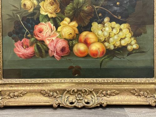 VICTORIAN OIL PAINTING PINK YELLOW BLACK ROSES PEACHES GRAPES - ADDITIONAL PHOTO 10