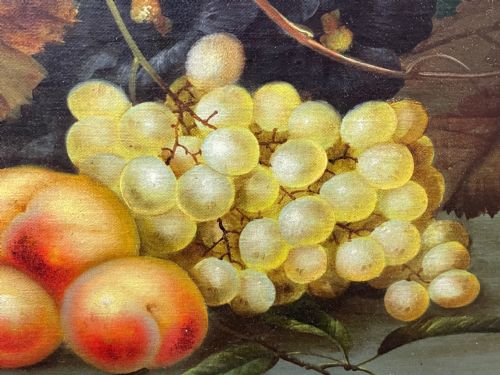 VICTORIAN OIL PAINTING PINK YELLOW BLACK ROSES PEACHES GRAPES - ADDITIONAL PHOTO 17