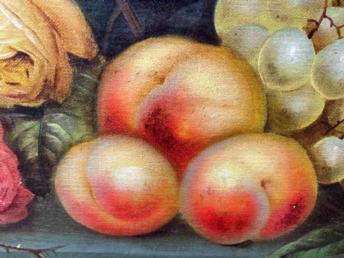 VICTORIAN OIL PAINTING PINK YELLOW BLACK ROSES PEACHES GRAPES - ADDITIONAL PHOTO 18