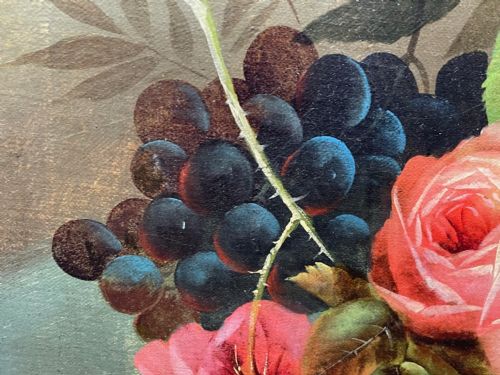 VICTORIAN OIL PAINTING PINK YELLOW BLACK ROSES PEACHES GRAPES - ADDITIONAL PHOTO 24