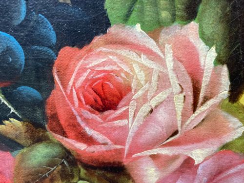 VICTORIAN OIL PAINTING PINK YELLOW BLACK ROSES PEACHES GRAPES - ADDITIONAL PHOTO 25