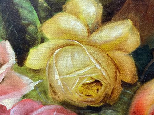 VICTORIAN OIL PAINTING PINK YELLOW BLACK ROSES PEACHES GRAPES - ADDITIONAL PHOTO 26