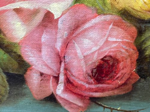 VICTORIAN OIL PAINTING PINK YELLOW BLACK ROSES PEACHES GRAPES - ADDITIONAL PHOTO 27