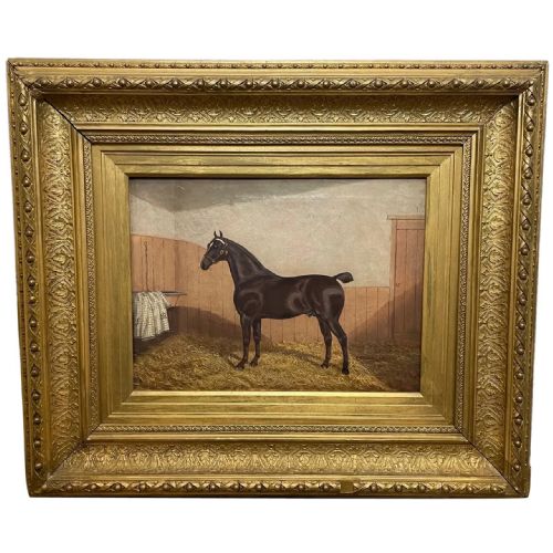 19th century oil painting bay hunter horse in stable albert clark snr - CATEGORY: ANTIQUE ART - DATED 19TH CENTURY