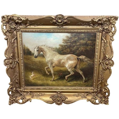 victorian painting white horse dog playmates by leonardo cattermole - CATEGORY: ANTIQUE ART - DATED VICTORIAN