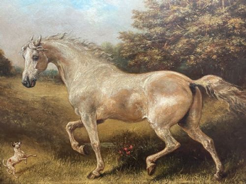 VICTORIAN PAINTING WHITE HORSE DOG PLAYMATES BY LEONARDO CATTERMOLE - ADDITIONAL PHOTO 1