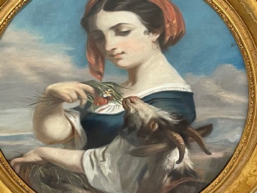 19TH CENTURY OVAL FRENCH PAINTING WOMAN FEEDING GOAT FLOWERS - ADDITIONAL PHOTO 1