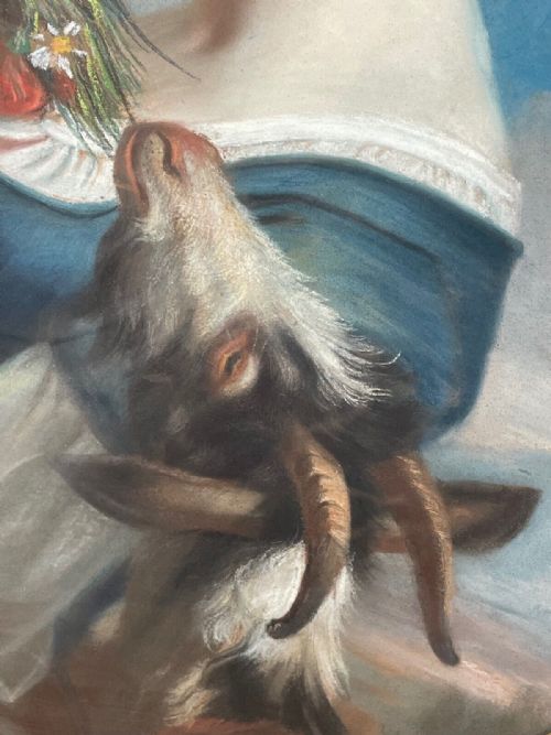 19TH CENTURY OVAL FRENCH PAINTING WOMAN FEEDING GOAT FLOWERS - ADDITIONAL PHOTO 5