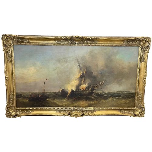 huge c1868 marine oil painting ablaze sinking ship by william mcalpine - CATEGORY: ANTIQUE ART - DATED VICTORIAN
