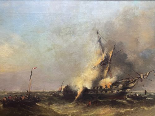 HUGE C1868 MARINE OIL PAINTING ABLAZE SINKING SHIP BY WILLIAM MCALPINE - ADDITIONAL PHOTO 1