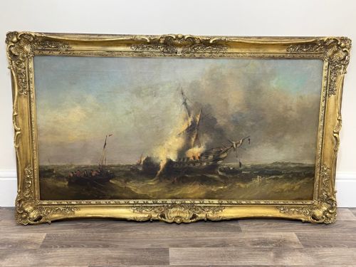 HUGE C1868 MARINE OIL PAINTING ABLAZE SINKING SHIP BY WILLIAM MCALPINE - ADDITIONAL PHOTO 2