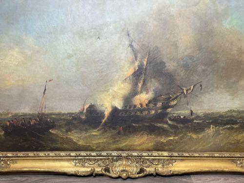 HUGE C1868 MARINE OIL PAINTING ABLAZE SINKING SHIP BY WILLIAM MCALPINE - ADDITIONAL PHOTO 5