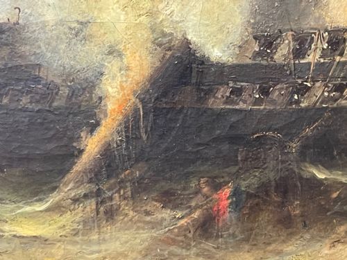HUGE C1868 MARINE OIL PAINTING ABLAZE SINKING SHIP BY WILLIAM MCALPINE - ADDITIONAL PHOTO 13