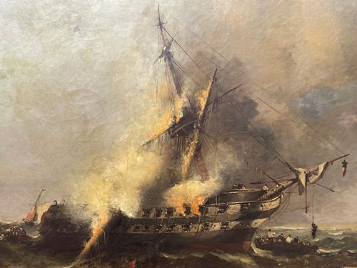HUGE C1868 MARINE OIL PAINTING ABLAZE SINKING SHIP BY WILLIAM MCALPINE - ADDITIONAL PHOTO 14
