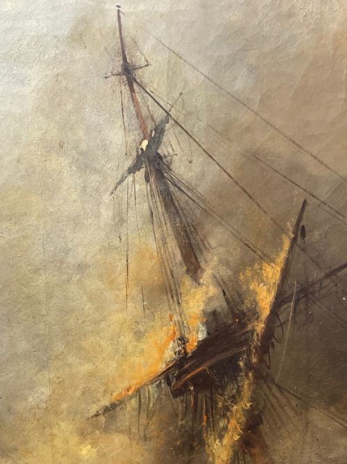 HUGE C1868 MARINE OIL PAINTING ABLAZE SINKING SHIP BY WILLIAM MCALPINE - ADDITIONAL PHOTO 15
